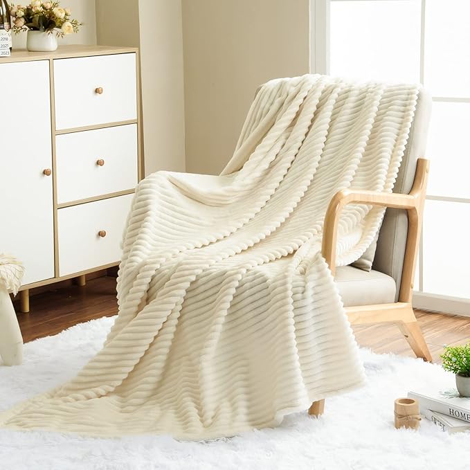 Vessia Flannel Fleece Throw Blanket for Couch,Sofa,Bed, 300GSM Microfiber Cream Striped Chair Blanket for Adults and Kids, Super Soft Warm Cozy Lightweight Ivory Ribbed Throw for All-Season