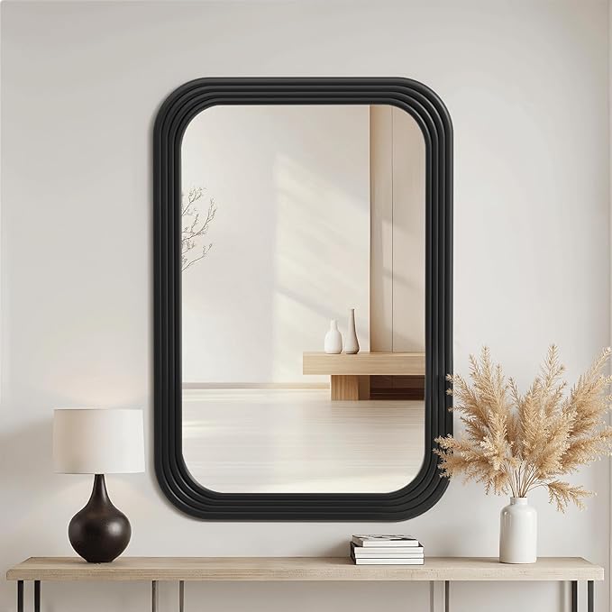 36x24 Inch Rectangle Wall Mirror with Wood Frame,Black Rounded Corners,Wall Mounted for Bathroom Vanity,Living Room,Bedroom,Entryway