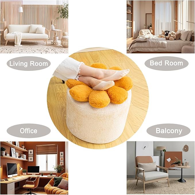 Flower Pouf Ottoman 18x15 Inches Charm Floor Pouf for Home Decor All-in-One Foam Filling Ottoman Foot Rest for Couch Living Room Bedroom Kids Room Ivory and Orange