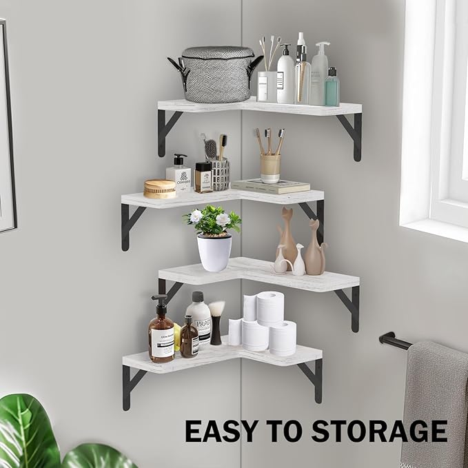 Muzilife Corner Floating Shelves Wooden Floating Shelve Set of 4, Wall Mounted for Storage, L-Shaped Shelves for Wall Decor Wall Organizer for Bedroom, Bathroom, Kitchen, Living Room and Office, White