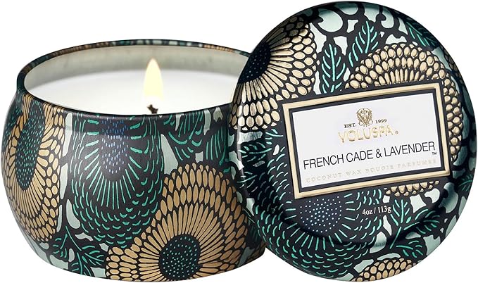 Voluspa French Cade Lavender, Mini Tin Candle, 4 oz, 25 Hour Burn Time, Coconut Wax for Clean Burning, Handcrafted in The USA