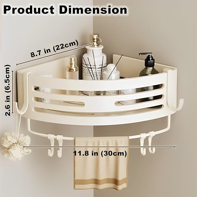 Corner Triangle Shower Shelves with Connecting Rods and 6 Hooks, Drilled or Non-Drilled Rust Resistant Storage Shelf for Bathroom, Kitchen, Wall Mounted Storage Shelf (1 Pack, White)