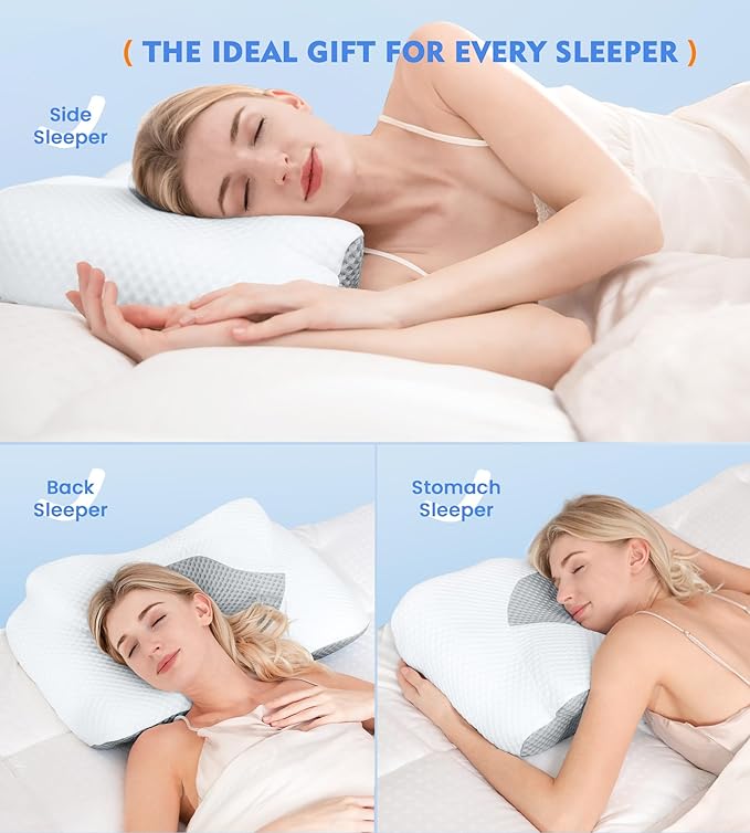 Cervical Pillow for Neck Pain Relief, Hollow Design Odorless Memory Foam Pillows with Cooling Case, Adjustable Orthopedic Bed Pillow for Sleeping, Contour Support for Side Back Stomach Sleepers