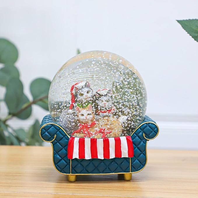 Blue Cat Snow Globe for Kids - Christmas Snow Globes for Girls & Boys, 100MM Glitter Glass Snowglobes - Cat Crystal Ball Home Office Table Decor Birthday Gift