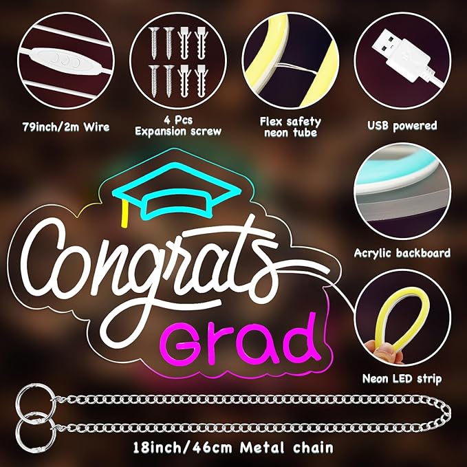 Congrats Grad Neon Sign, Graduation Light up Sign with Cap, LED Adjustable USB Powered Neon Light for Prom Party Class Room Dorm Photos Background Wall Art Decoration Celebration Gifts (16" x 12.5")