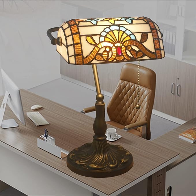 Tiffany Style Bankers Table Lamp Stained Glass Piano Desk Lamp Vintage Bedroom Bedside Lamp for Study,Antique Alloy Base,Zipper Switch,Green Baroque a