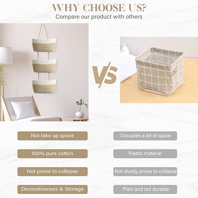 TeoKJ Over the Door Hanging Basket, 3-Tier Woven Cotton Wall-Mounted Storage Organizer Bag Decorative Hanging Kitchen Baskets - White + Jute