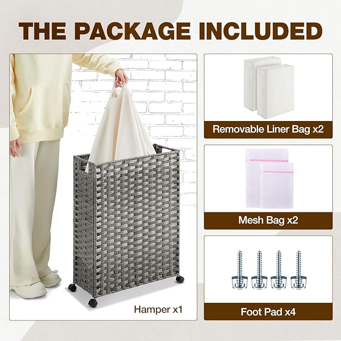 Greenstell Laundry Hamper with Wheels, 17.4 Gallon (66L) Slim Laundry Basket with 2 Removable Liner Bags & 2 Mesh Bags, Narrow Rattan Clothes Hamper for Bedroom, Laundry Room, Bathroom, Grey