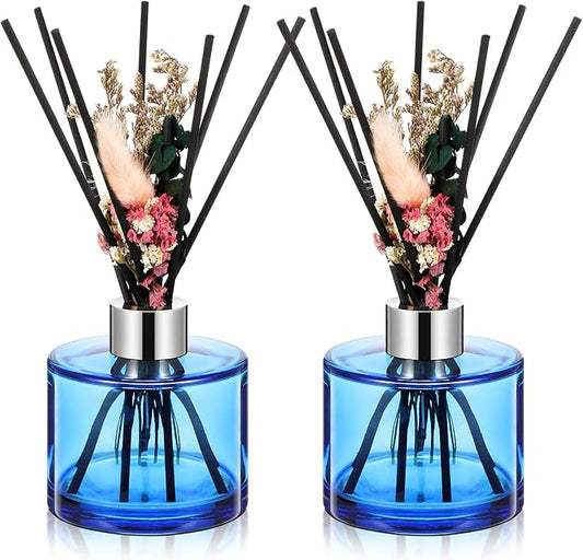 Rtteri 2 Reed Diffuser Sets Flower Oil Diffuser Sticks with Refill Empty 5oz Bottles Scent Glass for Fragrance Home Bathroom Gifts, Oil Not Included(Blue Color)