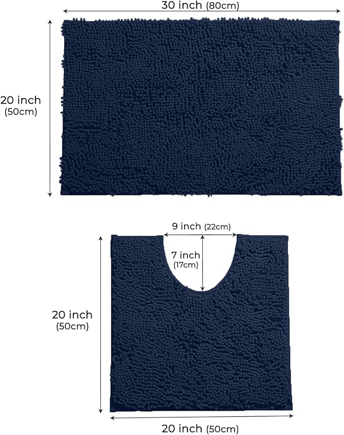 LuxUrux Bathroom Rugs Sets 2 Piece: Quick Dry, Soft Plush Anti-Slip, Super Absorbent. Includes Rectangular (31x20 inches) & U-Shaped Toilet Mat (20x20 inches) | Navy