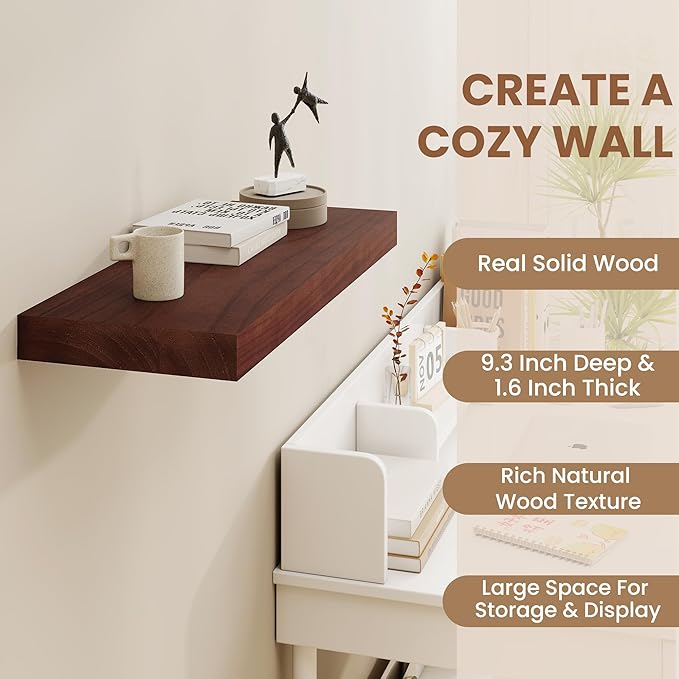 Floating Shelves, 9.3 Inch Deep Floating Shelves for Wall, Solid Wood Shelves 24 Inch Long, Deep Wall Shelves for Living Room, Bathroom, Kitchen, 24"W x 9.3"D x 1.6"H, Walnut Color, Set of 2