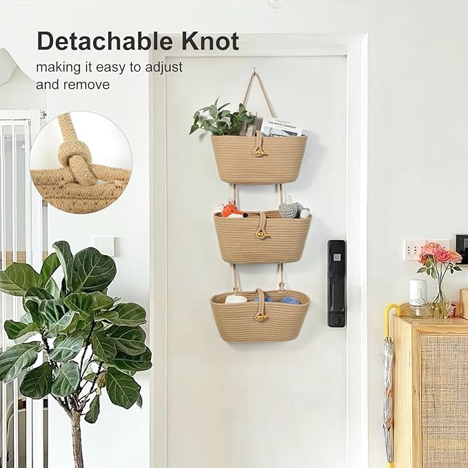 DULLEMELO Hanging Baskets for Organizing, Jute 3-Tier Woven Hanging Wall Baskets for Storage, Decorative Hanging Storage Basket with Button Strap,Over The Door Basket with Door Hooks