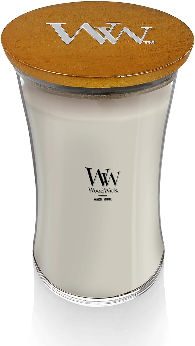 WoodWick Warm Wool Scented Hourglass Candle, Large 21.5 oz, with Crackling Pluswick Innovation, Up to 130 Hours of Smooth Soy-Paraffin Blend Burn Time