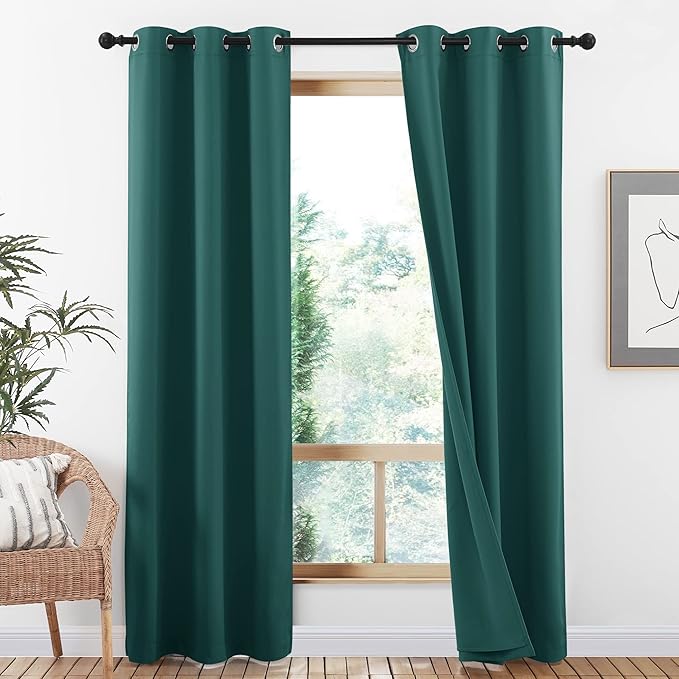 NICETOWN Full Shade Curtain Panels, Pair of Thermal Insulated & Energy Efficiency Blackout Curtains for Living Room, Lined Silky Performance Window Dressing (Emerald Green, 42" W x 84" L)