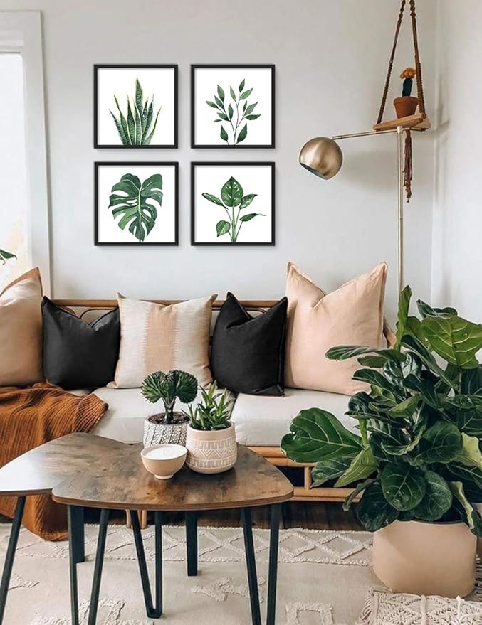 ArtbyHannah Bathroom Wall Art Set of 4 Botanical Wall Decor Green Plant Picture Frame Prints for Home Bedroom Restroom Decoration (Black, 10x10)
