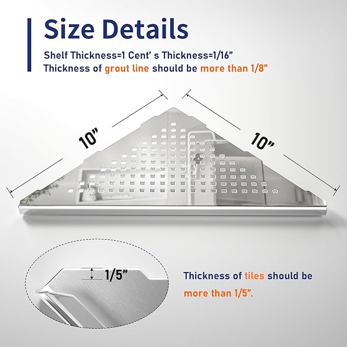 Corner Shower Shelf, 10" Polished 304 Stainless Steel Recessed Shelves for Bathroom, Grout in Shelf Racks for Tiled Wall, 2 Pack, No Drilling Needed