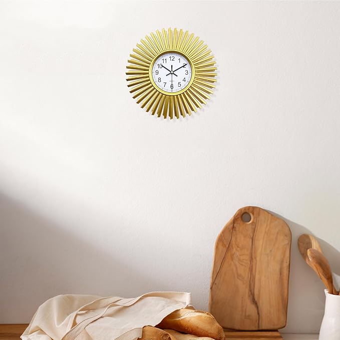Kitchen Wall Clock, Gold Sunburst Wall Clocks Battery Operated, 10 Inch Modern Decorative Wall Clock for Living Room, Bedroom, Kitchen,Bathroom, Office
