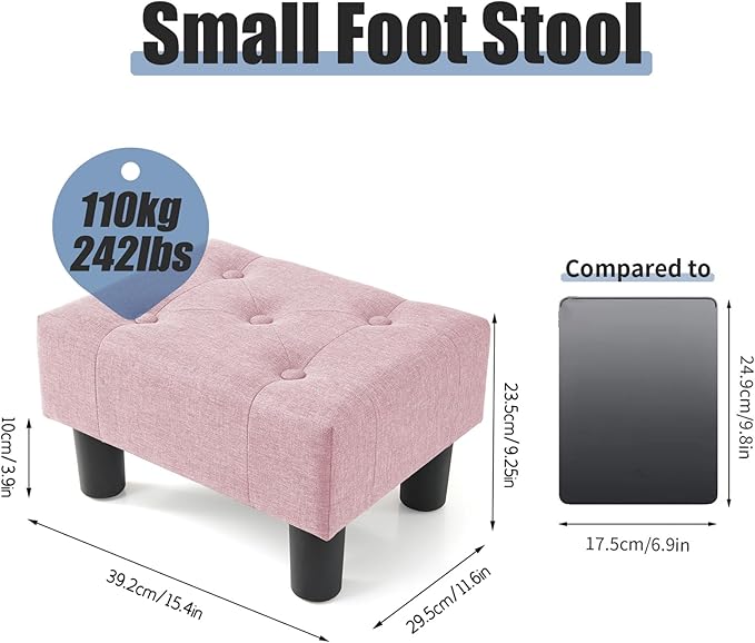 BRIAN & DANY Small Foot Stool, Linen Foot Stools with Legs, Stable Small Footstool for Living Room, Pink