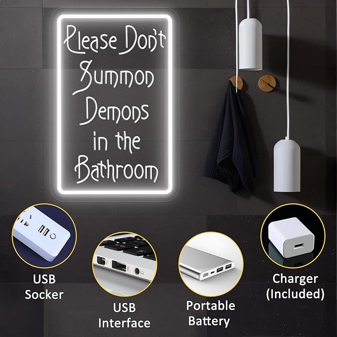 Please Don't Summon Demons in the Bathroom Neon Sign for Wall Decor, USB Powered Switch Adjustable Brightness LED Neon Lights, for Humor Party, Halloween Party, or Christmas