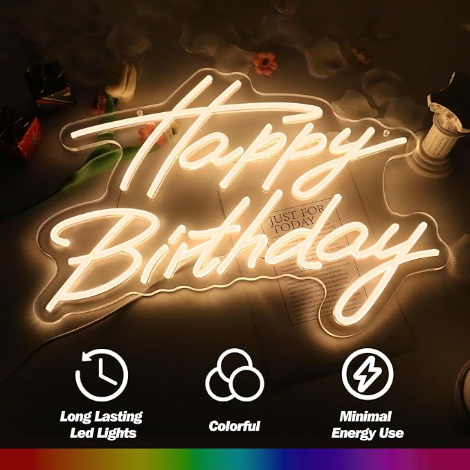 Goneons Happy Birthday Neon Sign for Wall Decor, Happy Birthday Led Sign for Backdrop with Dimmable Switch, USB Powered LED Happy Birthday Sign for Biryhday Party Decoration(Warm White,16.5" × 12.2")