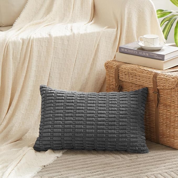 Fancy Homi 4 Packs Dark Grey Decorative Throw Pillow Covers 12x20 Inch for Couch Bed, Rustic Modern Farmhouse Boho Home Decor, Soft Plush Corduroy Gray Cute Square Accent Cushion Case 30x50 cm