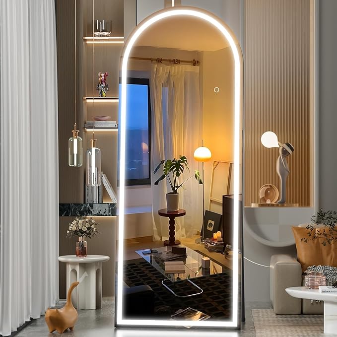 71" x 26" Arched Full Length Mirror with LED Lights, Floor Mirror with Stand, Wall Mirrors Full Length, Body Floor Mirrors, Wall Mounted for Bedroom, Dimmable, Tempered Glass
