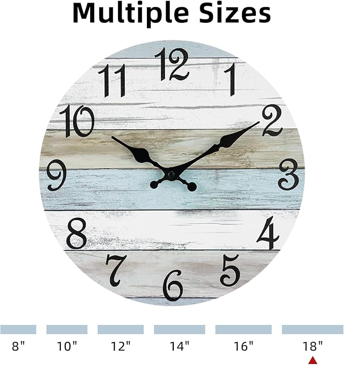 CHYLIN Wall Clock - 18 Inch Silent Non Ticking Wall Clocks Battery Operated, Wooden Rustic Farmhouse Larger Clock Decorative for Living Room, Kitchen (Blue White Brown)