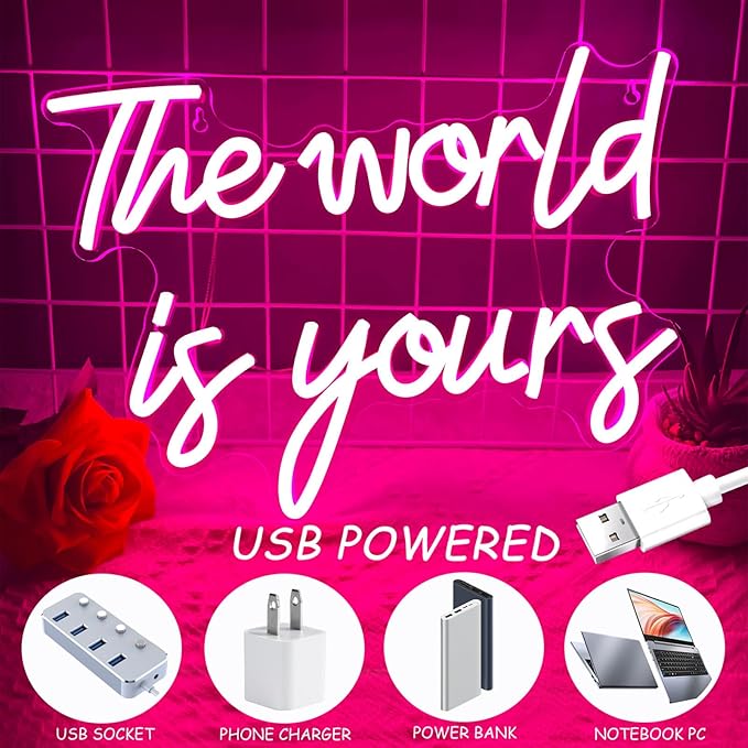 The World is Yours Neon Sign, Dimmable Word Lights for Wall Decor, Pink LED Neon Signs, World Neon Light up Sign for Bedroom Office Graduation Party Girl Room Birthday Present Engagement Valentine