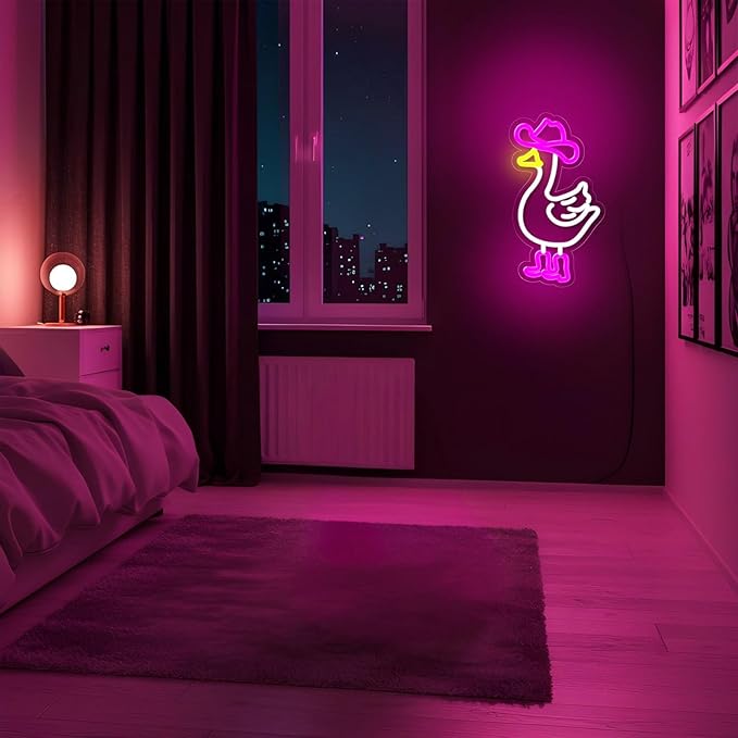 Cowboy Goose Neon Sign for Wall Decor,Dimmable Goose with Cowboy Hat & Boots Neon Light,Pink White Animal Light Up Signs for Bedroom Party Bar Background Decoration