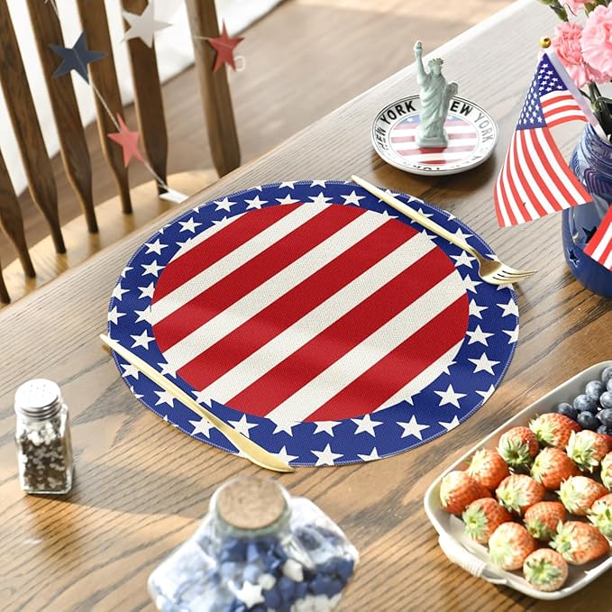 Artoid Mode Watercolor Stripes Stars 4th of July Round Placemats Set of 4,14 Inch Patriotic Memorial Day Table Mats for Party Kitchen Dining Decoration