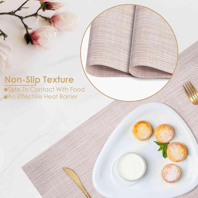 GIVERARE Placemats Set of 4, Heat-Resistant Woven Vinyl Placemat 12x18in, Non-Slip Washable PVC Table Mat, Easy to Clean Premium Plastic Mats for Dining, Kitchen Table (Beige)