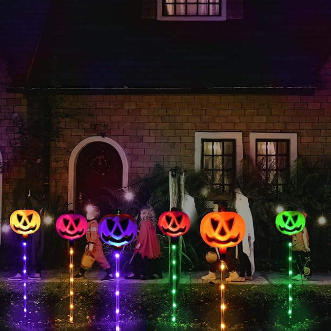 Homeleo Set of 6 Solar Pumpkin Pathway Lights for Halloween Decorations Outdoor, Color Changing Outdoor Lights, Light up Jack O Lantern Pumpkins Party Porch Yard HLD578