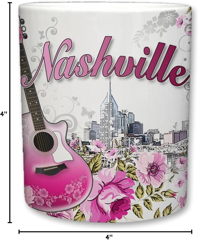 Sweet Gisele | City of Nashville Ceramic Mug | Coffee Cup | Downtown Skyline Background | Music City Theme | Pink Guitar & Floral Pattern Foreground | Great Novelty Gift | 11 Fl. Oz (Pink/Grey)