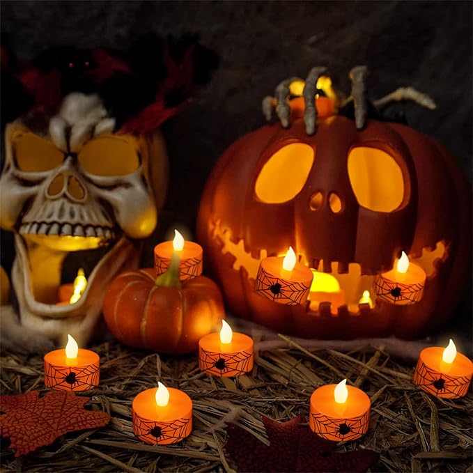 DRomance Halloween Flameless Votive Candles Battery Operated with 6H Timer, 12 Pack Spider Cobweb Decal LED Flickering Pumpkin Tea Lights Candles Fall Indoor Decoration(1.5" D x 1.4" H)