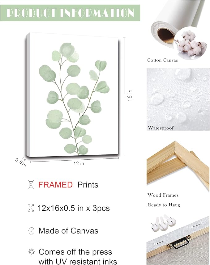 Botanical Eucalyptus Canvas FRAMED Wall Art,Boho Plant Wall Decor for Bedroom,Minimalist Prints for Living Room,Light Green Botanical Art Painting for Bathroom,Set of 3,12”x 16”