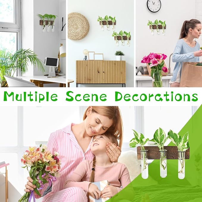 XXXFLOWER Wall Mounted Plant Terrarium with Wooden Stand 3 PCS Hanging Planter Propagation Station with 3 Glass Tubes for Plant Cuttings Flower Vases for Home Office Indoor Decor