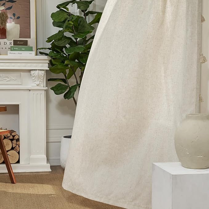 jinchan Boho Curtains 63 Inch Long 2 Panels, Linen Blend Farmhouse Drapes with Tassels for Bedroom, Light Filtering Cottage Core Curtians with Fringe, W50 x L63 with Rod Pocket Back Tab,(Ecru)