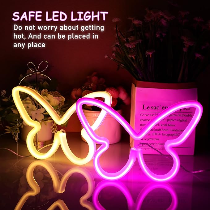 Riakrum 2 Pcs Butterfly Neon Signs LED Light 3AA Battery Powered USB Operated Wall Neon Light Decor Butterfly Wall Art for Christmas Home Bedroom Birthday Party Decor(Pink, Warm White)