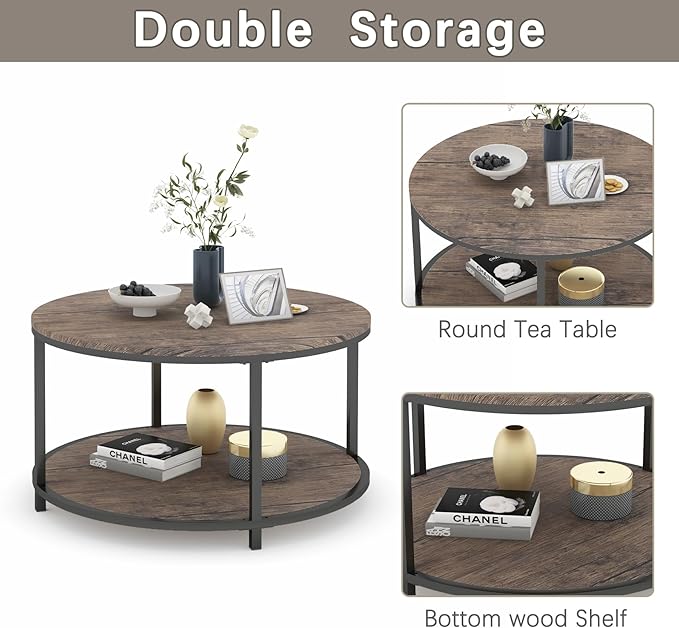 NSdirect Round Coffee Table, 27.6" Small Wood Coffee Table for Living Room, Rustic Modern Farmhouse Style, 2-Tier Storage Shelf Compact Space-Saving Design for Small Spaces, Walnut
