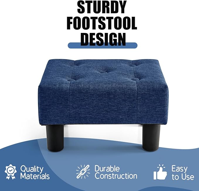 BRIAN & DANY Small Foot Stool, Linen Foot Stools with Legs, Stable Small Footstool for Living Room, Blue
