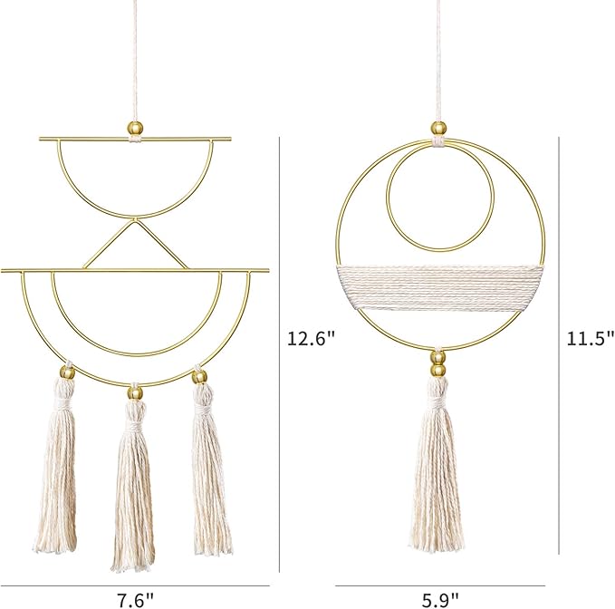 Mkono 2 Pcs Small Macrame Wall Hanging Boho Decor Cute Home Art Ornament with Gold Metal Ring for Bedroom Living Room Nursery Bathroom, 12.6''H x 7.6''W and 11.5''H x 5.9''W, X-Small