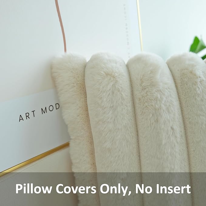 JOJUSIS Pack of 2 Faux Fur Plush Decorative Throw Pillow Covers Couch Cushion Case Soft Fluffy Pillowcases Wide Stripe (Beige, 24 x 24 Inch)