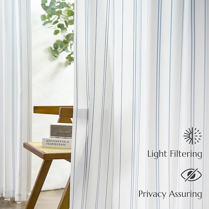 Jinchan Blue and White Striped Curtains 84 Inches Long for Living Room Bedroom - Pinstripe Privacy Light Filtering Rod Pocket Modern Window Curtains Set 2 Panels