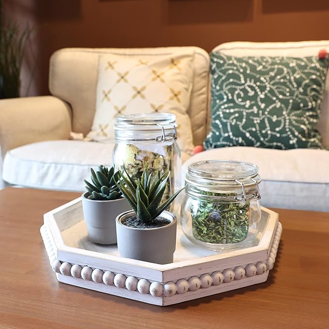 Whitewashed Octagonal Wood Decorative Tray, Small Farmhouse Wooden Serving Tray with Beads, Versatile Shabby Chic Coffee Table Tray for Kitchen Counter, Ottoman, Living Room