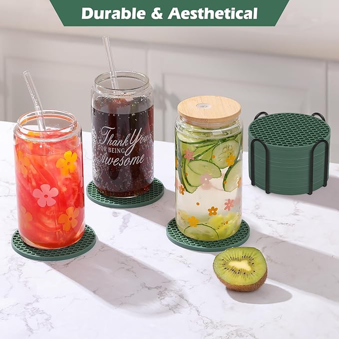 Silicone Coasters Set of 8 with Holder,Coasters for Drinks,Beer,Coffee Coasters,Suitable for Kinds Cups,Hot or Cold,Anti-SLI,Non-Stick,Anti-Overflow Tabletop Protection and Decor (8 Pcs, Green)