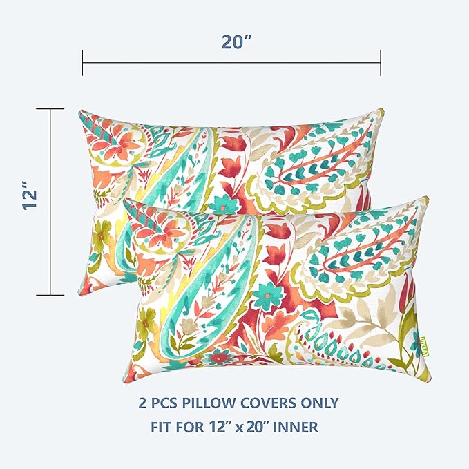 LVTXIII Outdoor Lumbar Pillow Covers 12 x 20 Inch, Patio Fluffy Pillow Cases ONLY, 2 Pack Water-Repellent Lumbar Cushion Cases for Home Patio Garden Sofa Bed Furniture Ornament, Pretty Paisley