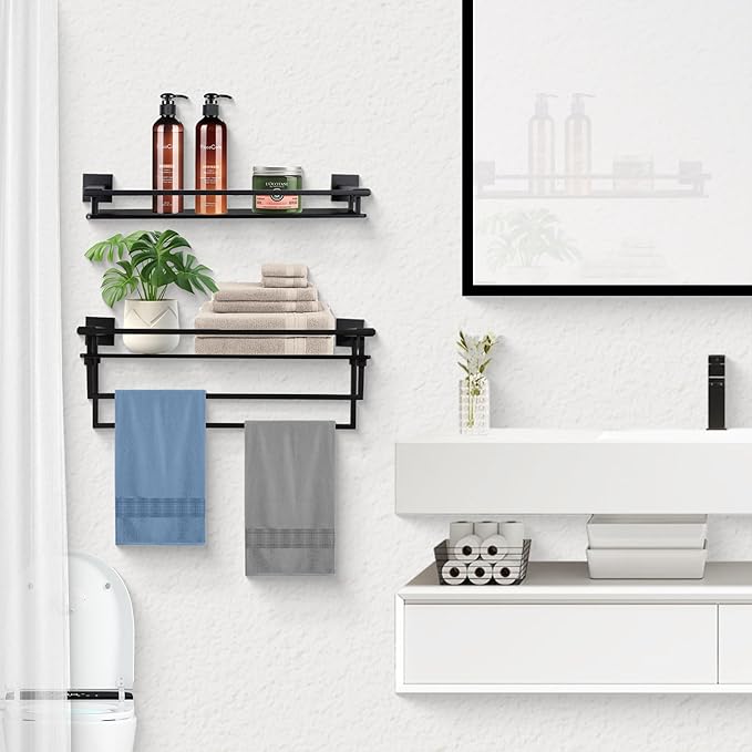 Black Bathroom Shelves Glass Shelf 20-Inch Floating Tempered Glass Shelf Rectangular Modern Stainless Steel Wall Mounted Shelves for Shower Bathroom Kitchen Organizers Accessories ,A7613AB