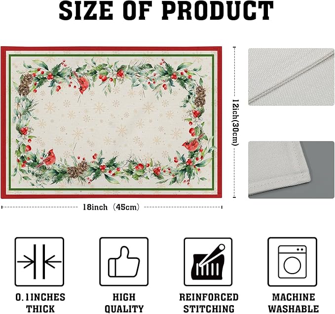 Winter Holly Branches Placemats Set of 4, Xmas Red Birds Pine Cone Dining Table Place Mats Linen Fabric Desk Top 12 x 18 Inch for Seasonal Holiday Home Kitchen Decor