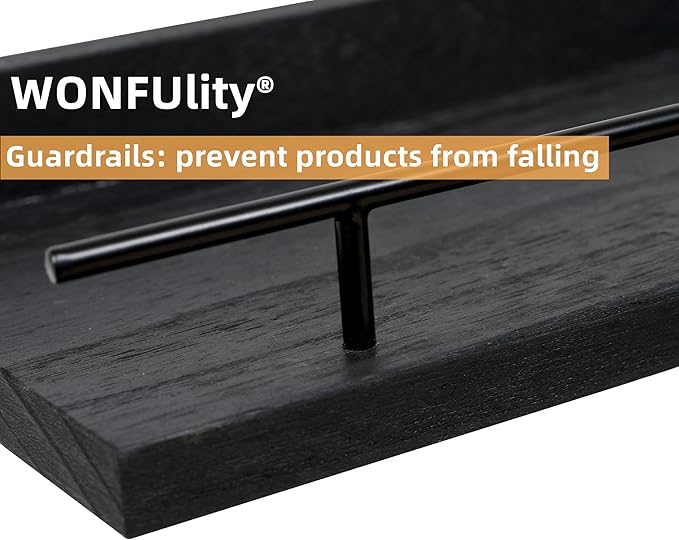 WONFUlity Bathroom Wall Shelves With Storage Basket, Over Toilet Paper Holder, Farmhouse Wood for Living Room, Bedroom, Kitchen, Wall Decor (2 Black)