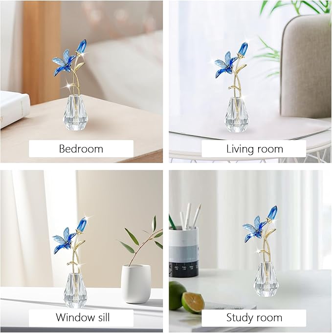 Crystal Lily Figurine, Glass Flowers with Stem,Flower Collectible Gifts for Woman, Wedding Party Decor(Blue)